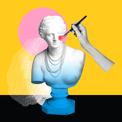 Female hand applying blusher on cheeks of antique statue bust. Beauty. Contemporary art collage. Concept of postmodern, creativity, abstract art, imagination, pop art. Creative design