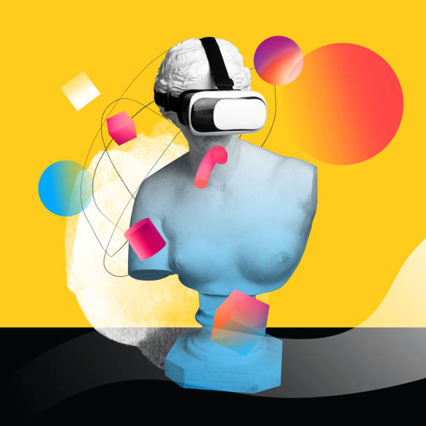 istock Antique statue bust in Vr glasses over yellow background with abstract elements. Modern technologies. Contemporary art collage. 1695052219
