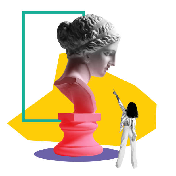 istock Young woman looking at giant antiques statue bust on white background with abstract design elements. Contemporary art collage. 1695052221