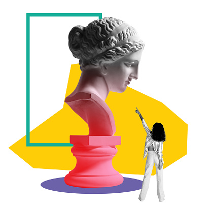 Young woman looking at giant antiques statue bust on white background with abstract design elements. Contemporary art collage. Concept of postmodern, creativity, abstract art, imagination, pop art.