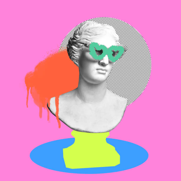 istock Antique statue bust with fluffy glasses over pink background with abstract design elements. Contemporary art collage. 1695052304