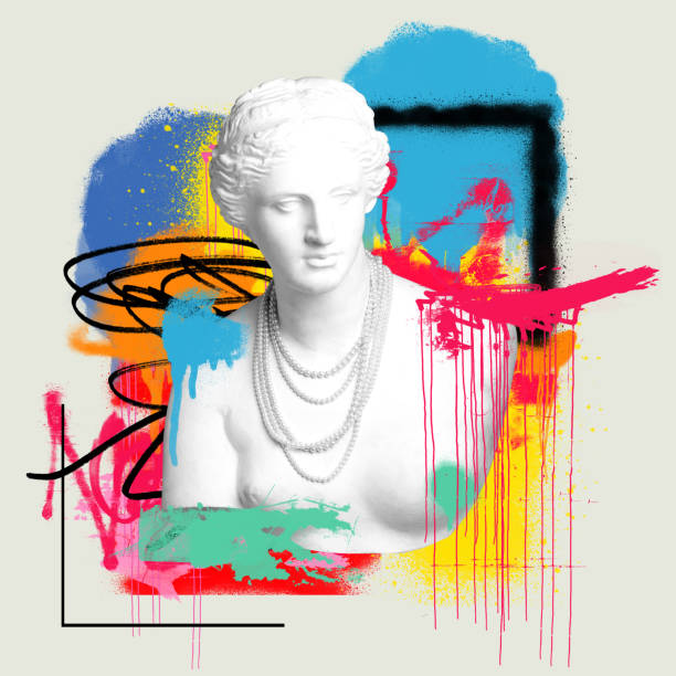 Antique statue bust over light background with colorful graffiti art. Street style. Contemporary art collage.