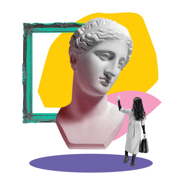 istock Antique museum. Young woman looking at giant antiques statue bust. Abstract elements. Contemporary art collage. 1695052559