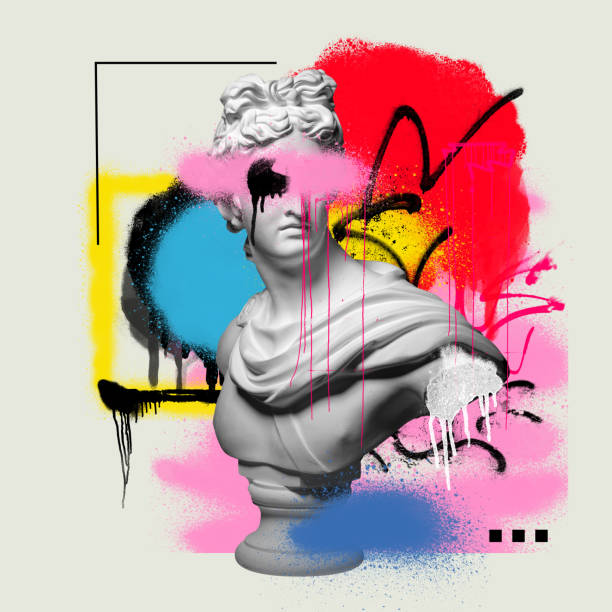 Antique statue bust painted in colorful paints, graffiti over light background. Street style. Contemporary art collage.