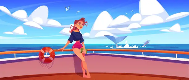 Vector illustration of Girl on cruise ship deck cartoon vector scene