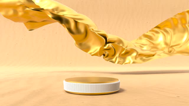 Loop animation 3D display stands on the desert sand and the flying golden cloth