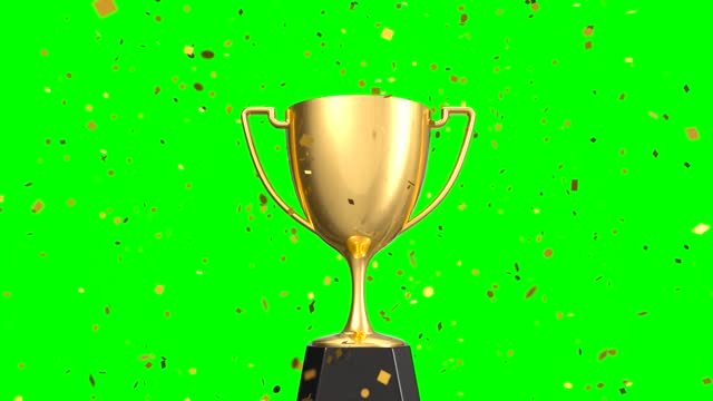 Golden trophy with falling golden confetti on green background