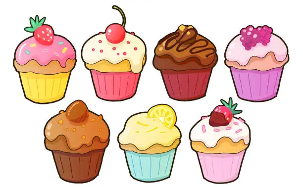Vector illustration of Hand drawn cupcake illustration set