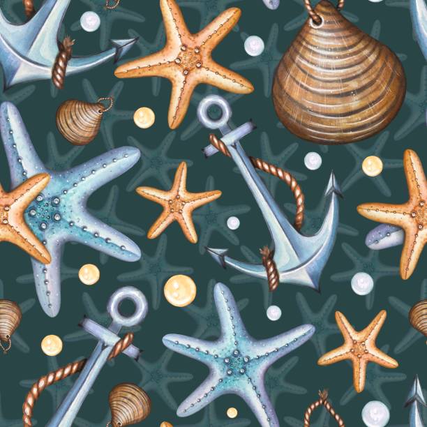 istock Marine seamless pattern with metal ship anchors, shells, starfish. Sea watercolor illustration 1695066424