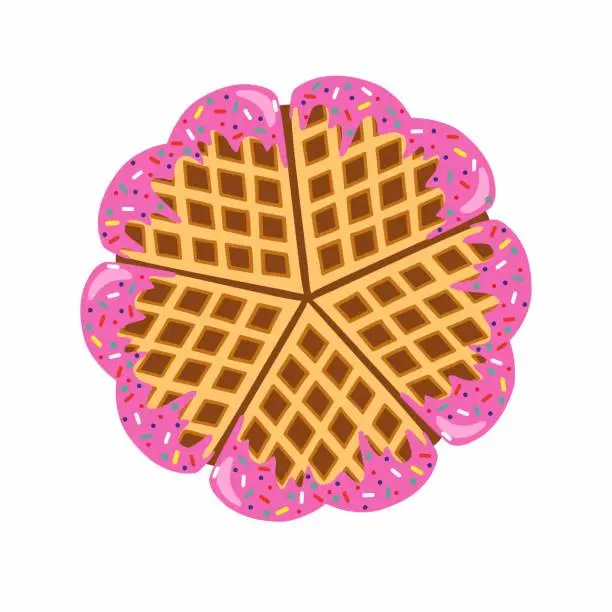 Vector illustration of Waffles in the shape of a heart with strawberries pink glaze isolated on white background.