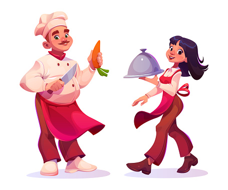 Chef cooking food on restaurant kitchen and waitress with dish. Man in chief hat with knife and carrot and woman in apron carrying tray, vector cartoon illustration