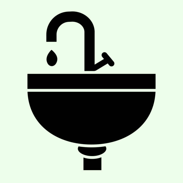 illustrations, cliparts, dessins animés et icônes de icône unie unie. lavabo ou lavabo avec pictogramme de style glyphe de symbole de robinet sur fond blanc. la construction résidentielle et l’immobilier enseignent la conception de sites web de concept mobile. graphiques vectoriels. - washstand