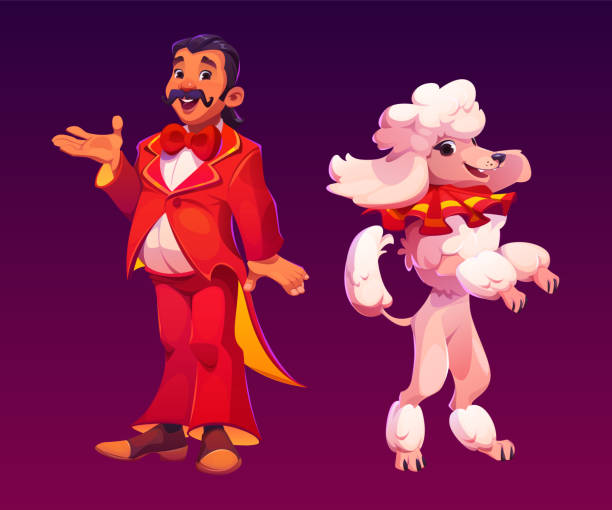 Cartoon circus man character and poodle vector set Cartoon circus man character and poodle vector set. Carnival magician performer with dog in vintage suit. Pet trainer in creative retro costume stand near jumping dog. Cute and funny cirque artist cirque de soleil stock illustrations