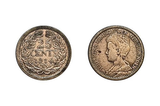 25 Cents 1914 Wilhelmina. Netherlands coin. Obverse Bust of queen Wilhelmina to the left. Reverse\nValue and year within wreath