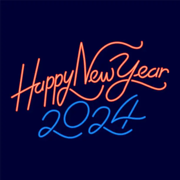 Vector illustration of Happy New Year 2024 Vector Illustration With Handwriting Like Neon Lamp.