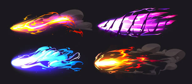 ilustrações, clipart, desenhos animados e ícones de conjunto de desenhos animados de efeitos de tiro de arma laser - laser gun shooting space laser