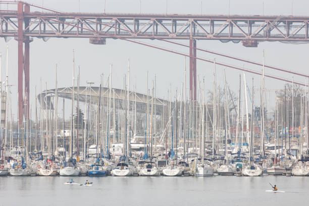 February 21, 2023 Lisbon, Portugal: moored boats in marina. Mid shot