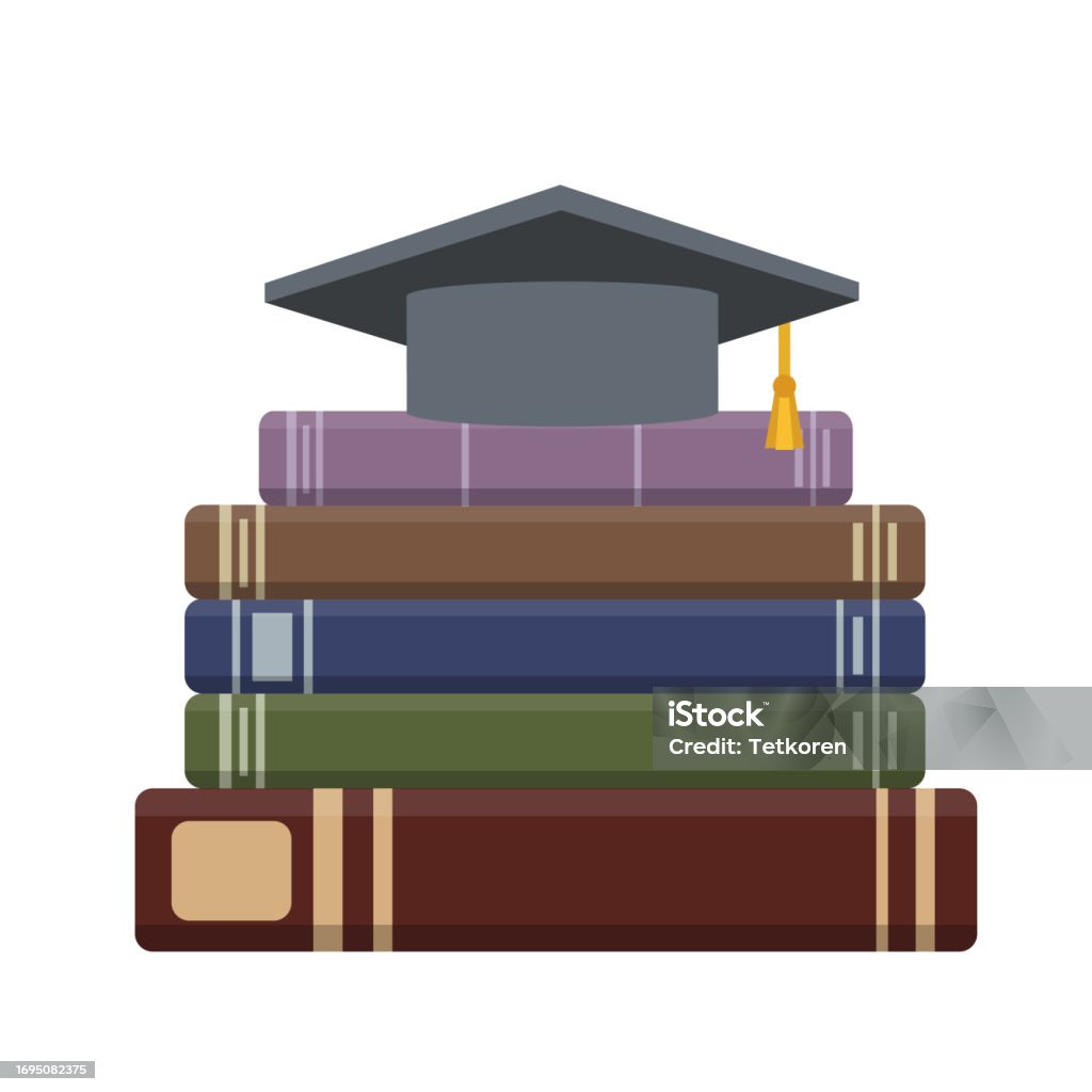 Stackinghat Book Stack Of Books And Masters Hat Art Drawn Stock Illustration - Download ...
