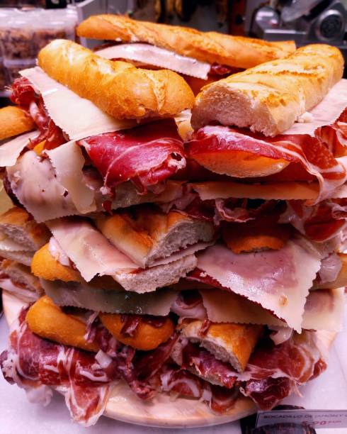 istock Baguette with Iberian Serrano ham from Spain ham sandwich, curated ham panini 1695087469