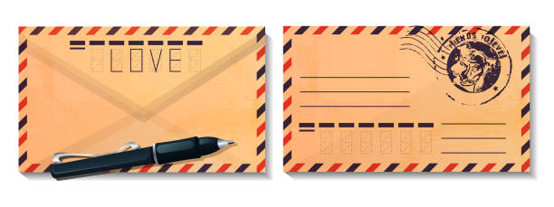 흰색 바탕에 권투 선수 강아지의 원본 그림이 있는 우편 봉투. 친구에게 보내는 편지, 인감, 텍스트 공간이 있는 스탬프. 우정, 사랑, 충실도의 개념. - postage stamp design element mail white background stock illustrations