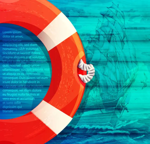 Vector illustration of Seafaring and shipping concept in realistic style. Lifebuoy with an original drawing of a barque ship against the background of deck boards. Creative stylish poster or banner with place for text.