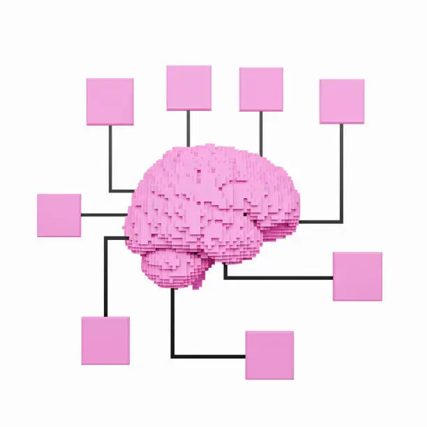 Voxelized brain with several cubes connected in the form of an electronic circuit on a white isolated background. concept of brain to computer interface, artificial intelligence, science and technology. 3d rendering