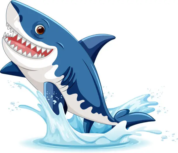 Vector illustration of A cartoon illustration of a great white shark with big teeth, leaping out of the water with a smile