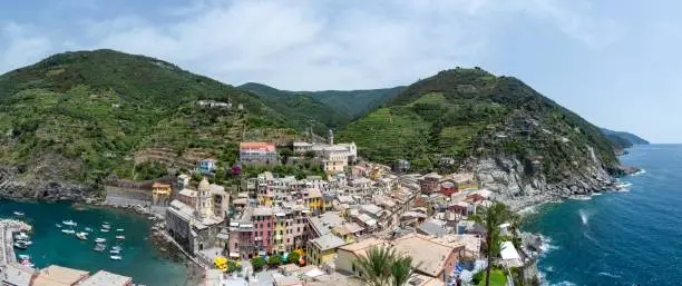 An aerial panoramic shot of Vernazza town in Italy, AI-generated.