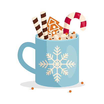 Christmas mug with hot drink. Marshmallow, chocolate chips, gingerbread, wafer rolls, lollipop. Vector graphic.