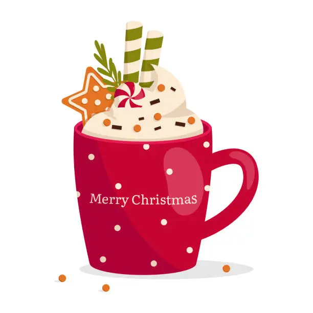 Vector illustration of Christmas mug with hot drink. Whipped cream, chocolate chips, gingerbread cookies, wafer rolls, candy. Inscription Merry Christmas. Vector graphic.