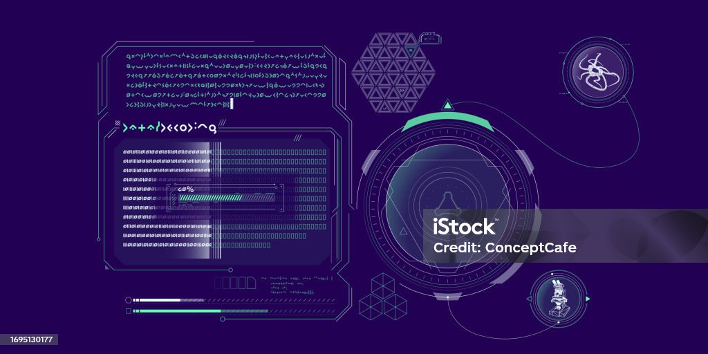 Sci-fi HUD interface for data research. Sci-fi vector interface for scientific research visualization, data processing and communication. Alien stock vector Sci-fi HUD interface for data research. Sci-fi vector interface for scientific research visualization, data processing and communication. Alien stock vector