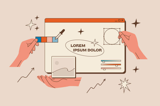 bildbanksillustrationer, clip art samt tecknat material och ikoner med team of designers illustrators working on project. art studio teamwork process. computer program interface for drawing graphic element. professional software. digital illustration. vector illustration - webbdesign