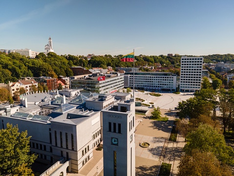Kaunas, Lithuania – September 15, 2023: An aerial view of a street in a city environment, featuring roads and buildings in Kaunas, Lithuania