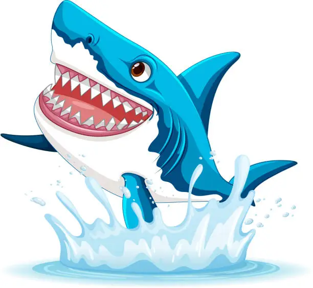 Vector illustration of A cartoon illustration of a great white shark with big teeth, leaping out of the water with a smile