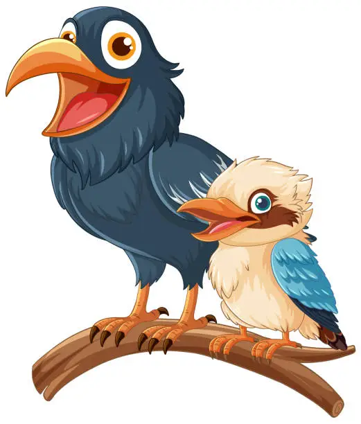 Vector illustration of A vector cartoon illustration of a raven and a kookaburra bird standing on a tree branch