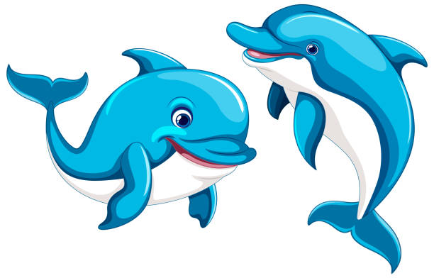 illustrazioni stock, clip art, cartoni animati e icone di tendenza di cartone animato sorridente del delfino - happy dolphin