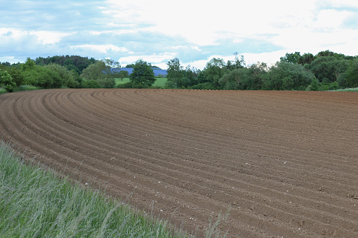 Ploughed field in the countryside with trees in the background.