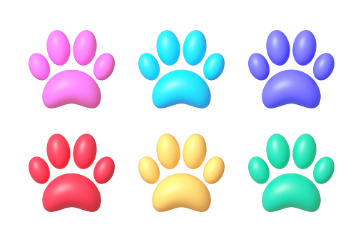 Paw 3d set on white background. Dog, puppy, cat, bear, wolf silhouette. Vector isolated illustration.