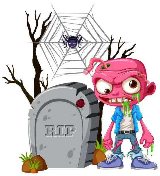 Vector illustration of Zombie Cartoon Character Standing in Front of Tombstone