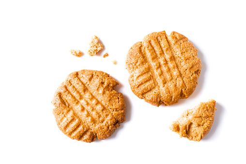 Peanut Butter Cookies set isolated on white background. Traditional american cookies and crumbs.