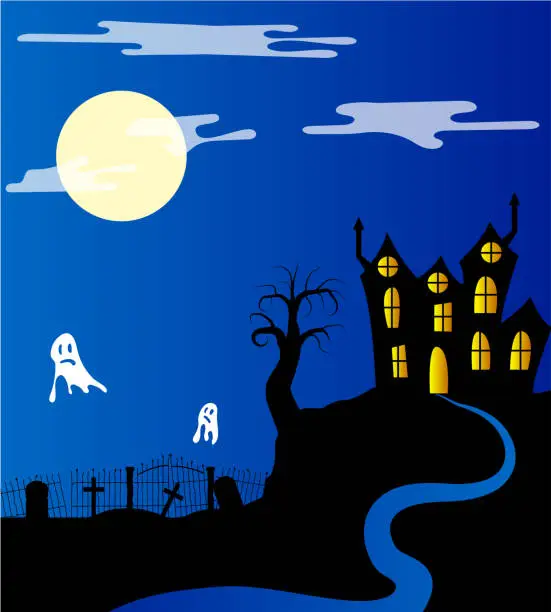 Vector illustration of Castle and Moonlit Graveyard Silhouettes