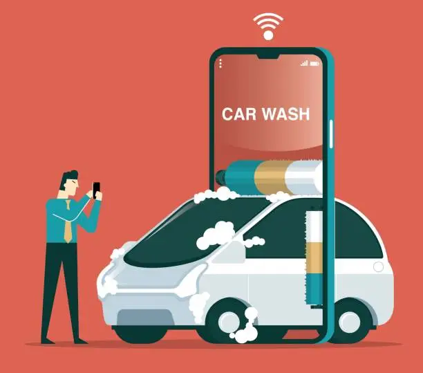 Vector illustration of Car wash service smartphone app - Businessman