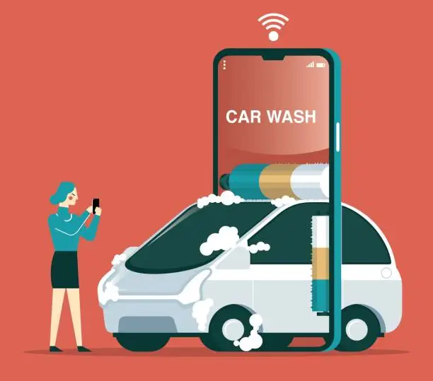 Vector illustration of Car wash service smartphone app - Businesswoman