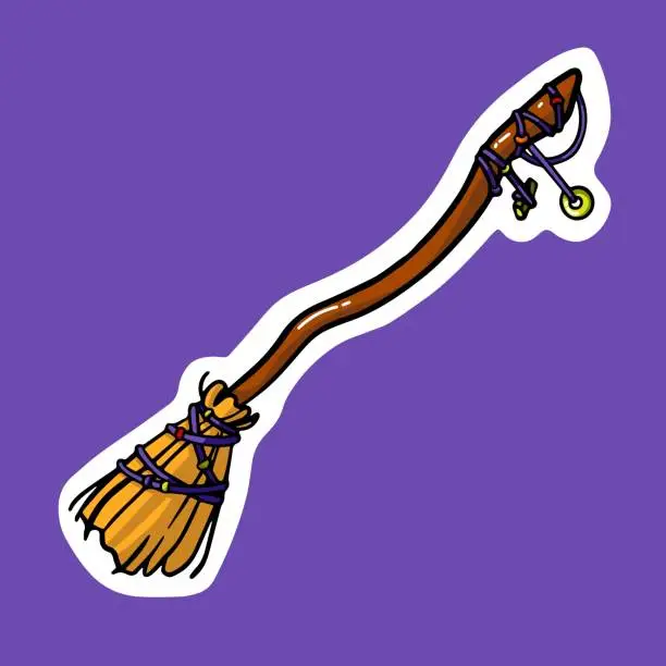 Vector illustration of Magical witch broomstick sticker. Halloween broom, witchcraft tool, decor for magic party, wizarded besom, mystical print, childish style. Flat isolated vector illustration on white background