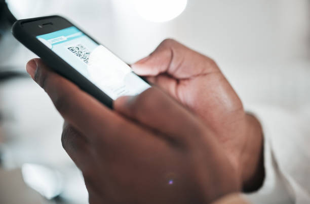 istock Doctor, hands and code on screen of phone with mobile app, test results and click online for vaccine verification or information. Scroll, cellphone and healthcare website, ux and medical barcode 1695198173