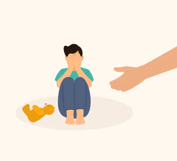 Vector illustration of Human Hand Helping Sad, Lonely Child. Little Boy Crying And Covering His Face With His Hands. Childhood Problems, Insecurity And Loneliness Concept