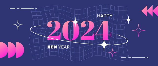 New 2024 year postcard in a retro y2k aesthetic, party banner, greeting, invitation, vector art with graphic shapes, frames and stars.