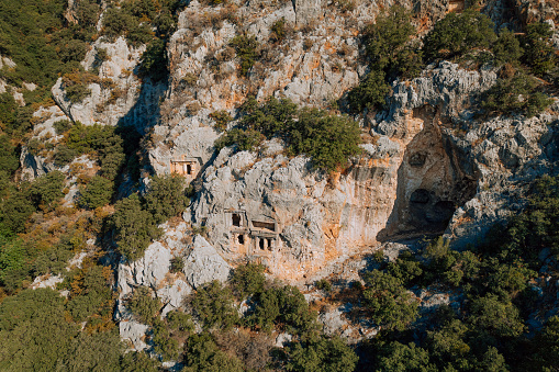 Aerial view of Myra rock tombs in Demre, Turkey