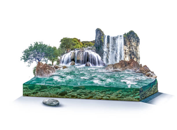 istock 3d illustration of a waterfall scene isolated on white background. waterfall landscape isometric 1695219972