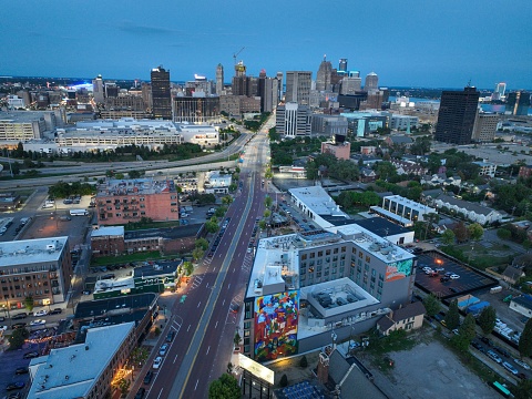 Detroit Michigan, United States – August 20, 2023: An aerial view of the cityscape of Detroit, Michigan, USA in twilight